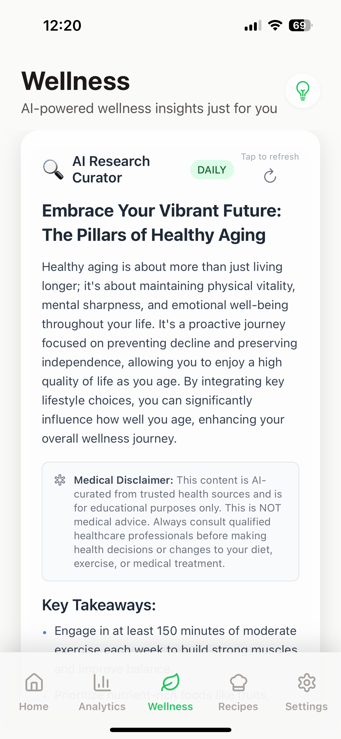 Wellness content curation interface showing daily tips and articles