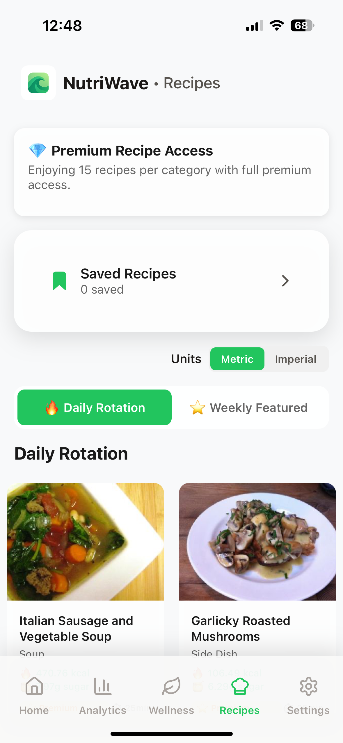 Recipe discovery interface with filtering and nutrition information