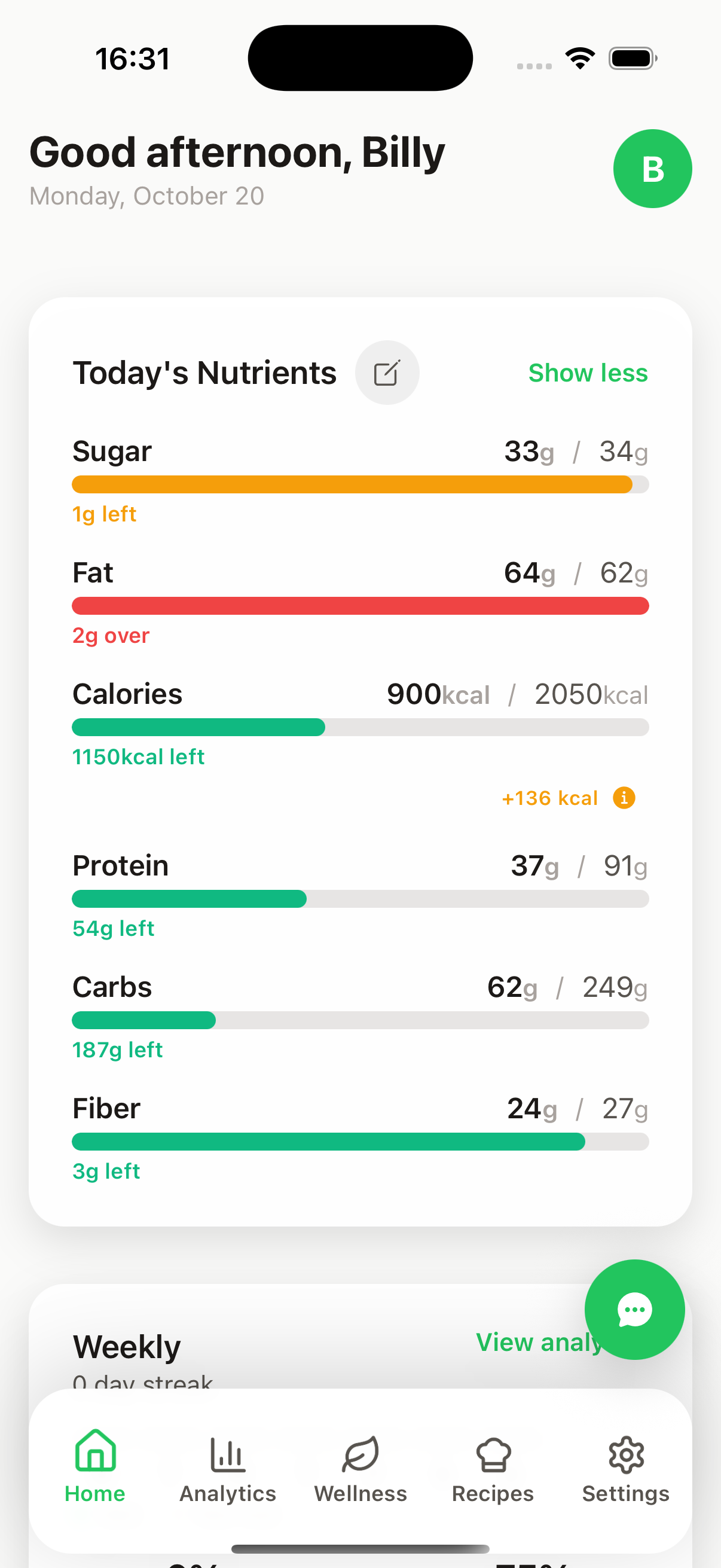 AI-powered food tracking interface