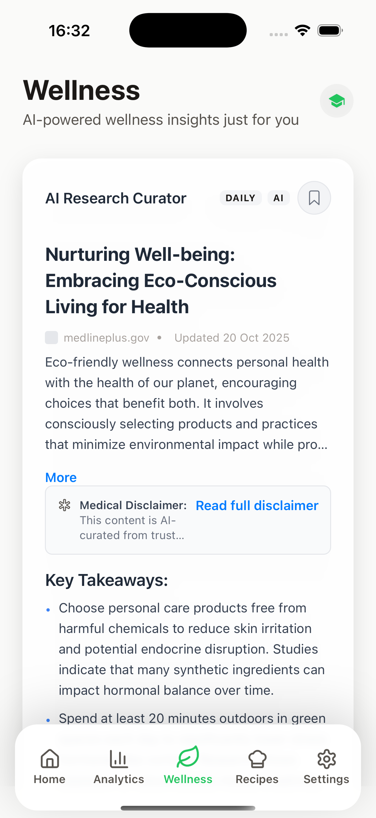 Wellness content curation interface showing daily tips and articles